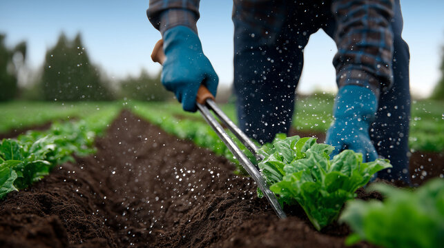 Detailed close-up of rough hands pruning tender green shoots of a sapling in a rural field nursery, reflective steel shears catching sunlight, watering can placed in foreground wit