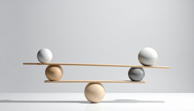 3D render of a wooden plank balancing on a white sphere. Three small white orbs on the left side counterweight a single large gold sphere on the right. Minimalist, soft shadows, studio lighting.