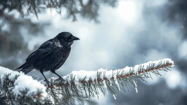 Black crow on a tree branch in a cold winter forest