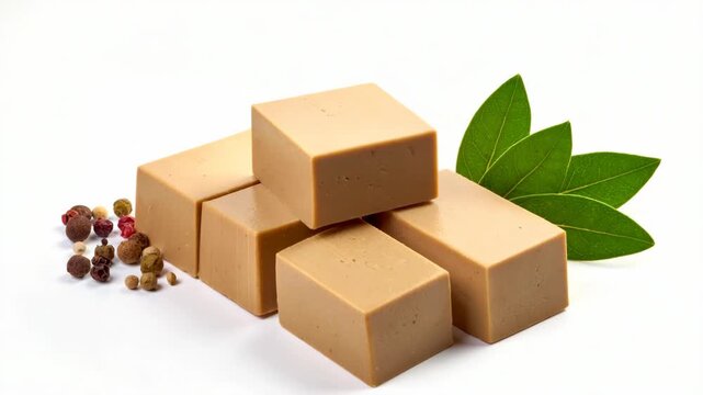 Gourmet square blocks of creamy duck liver pate served with colorful peppercorns and fresh green bay leaves on white