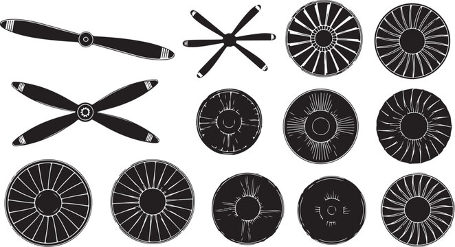 Collection of various airplane and jet turbine engines in black and white flat design vector illustration