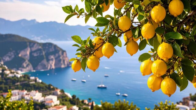 Fresh yellow lemons on a branch with a Mediterranean coastal background featuring a blue sea and sunny seaside town