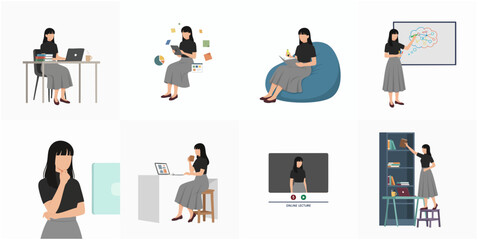 Flat Style Diverse Woman Character Doing Daily Activities Illustration Set © Zain