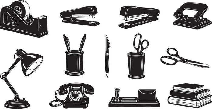 Office desk supplies and stationery set flat design vector illustration isolated on white background