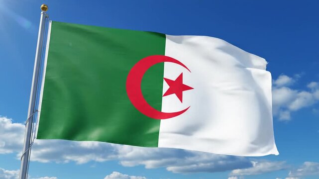 Algerian flag waving proudly on flagpole under blue sky