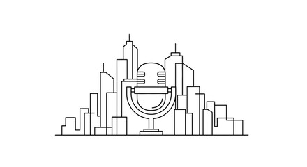 Fototapeta premium Podcast microphone in front of city skyline, urban broadcasting concept, minimalist illustration