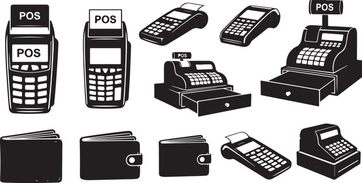 POS system devices collection with cash registers and credit card machines vector illustration flat design