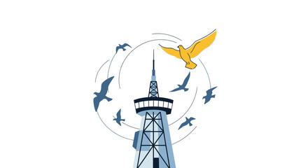 Yellow bird flies free around tower, others circle © Puput_Kinasih