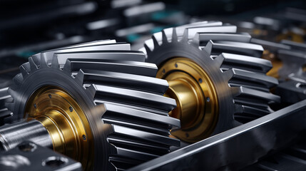 Fototapeta premium Side-angle macro shot of mechanical gears in a gearbox, steel cogs turning against brass shafts, dark vignette background enhancing metallic sheen, detailed machining marks visible