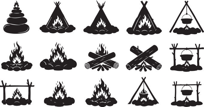 Campfire and teepee set collection flat design vector illustration with firewood and outdoor elements