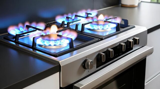 Modern stainless steel gas stove with burning blue flames in a contemporary domestic kitchen interior