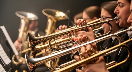 Fototapeta premium Musicians playing brass instruments in an orchestra performance.
