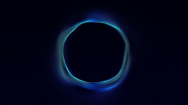 Abstract blue digital lines forming glowing circular energy structure on dark background. Futuristic technology ring with smooth wave motion and cyber data flow. 4K 60fps.