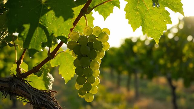 Close-up of a vibrant bunch of green grapes hanging from a vine in a sunny vineyard, with lush leaves and blurred rows of vines in the background.