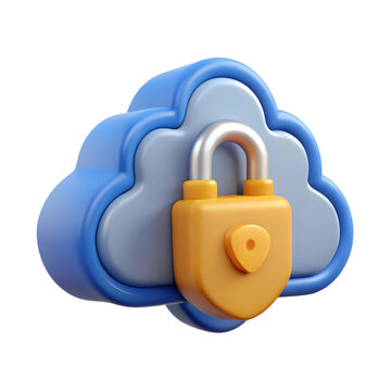 Secure Cloud: Depicting a 3D-rendered cloud with a gold padlock, conveying security and protection for digital data storage and transfer.