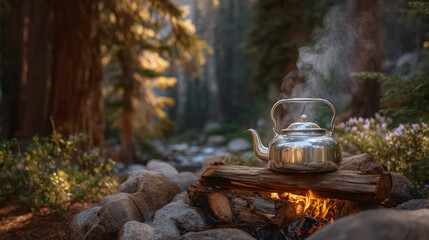 Medium shot of a silver kettle boiling over a rustic campfire, detailed textures of flames, logs, and forest floor, steam rising in soft golden light, cozy wilderness camping and o