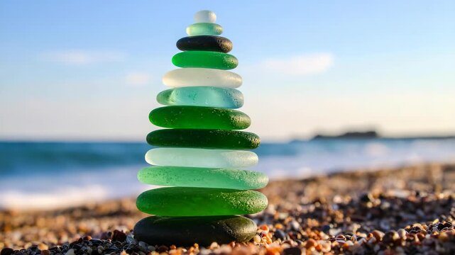 Balanced tower of colorful frosted sea glass on a pebble beach with ocean waves and clear blue sky background