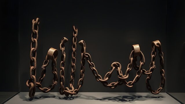 manacles. Ancient rusted chains and manacles displayed inside a museum glass case under soft lighting. event programs, museum guides, designed for cultural heritage projects and event programs.