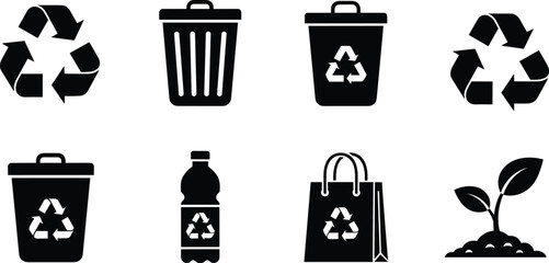 Eco Recycling Icons Set with Trash Bin, Recycle Symbol, Plastic Bottle, Shopping Bag and Green Plant Vector IllustrationEco Recycling Icons Set with Trash Bin, Recycle Symbol, Plastic Bottle