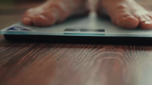 Close-up of male bare feet stepping on digital scales to check weight.