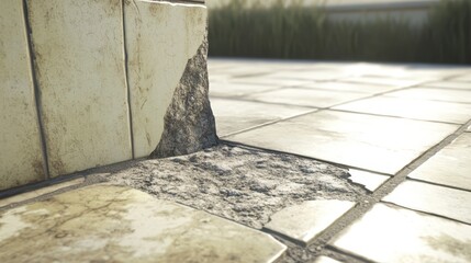 Close-up view of a damaged, faded, and chipped ceramic tile with exposed rough concrete revealing significant wear and tear