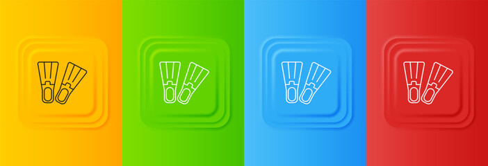 White Rubber flippers for swimming icon isolated on colorful background. Diving equipment. Extreme sport. Sport equipment. Set icons in square buttons. Vector © Vadim