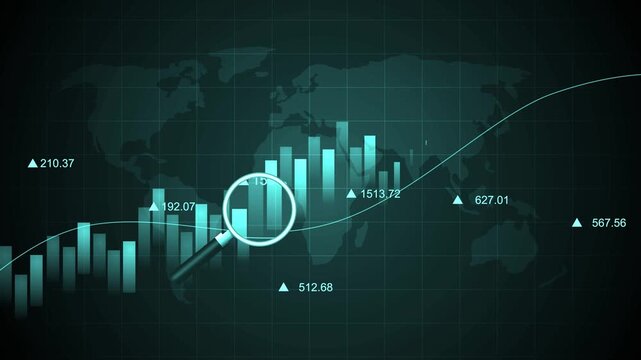 Monochrome global financial chart with magnifying glass animation, Financial chart with bar graphs, line trend magnifying glass overlay