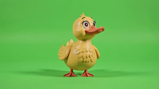 Animated duck character standing on a greenscreen, 3D rendered, viewed from the side, showcasing vibrant colors and detailed textures.