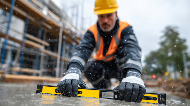 Close-up macro of spirit level on wet concrete with female worker adjusting position, gloved hands in focus, hard hat and scaffolding softly blurred in background, professional qua
