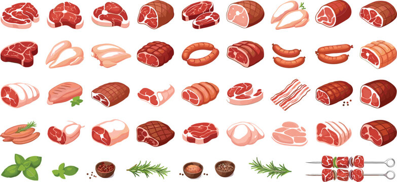 Meat cuts and sausages collection vector illustration beef pork bacon steak ham barbecue ingredients food set