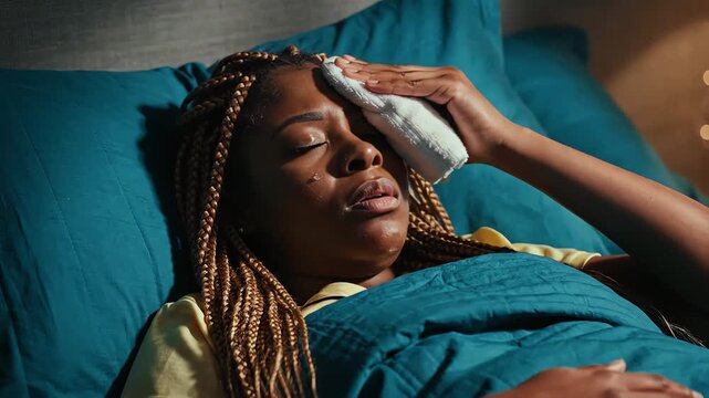 Woman lying in bed with a cold compress on her forehead, feeling unwell and resting.
