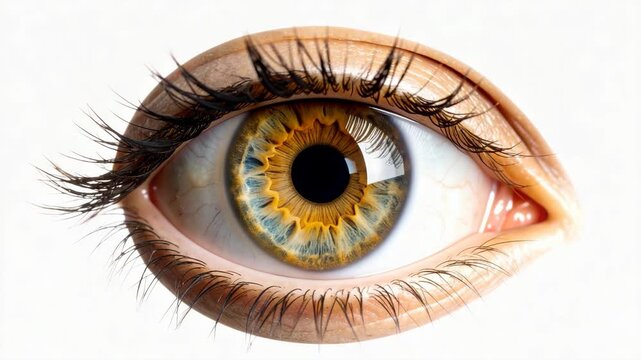 Extreme macro view of a beautiful human eye showing intricate iris patterns and thick black lashes against a white background