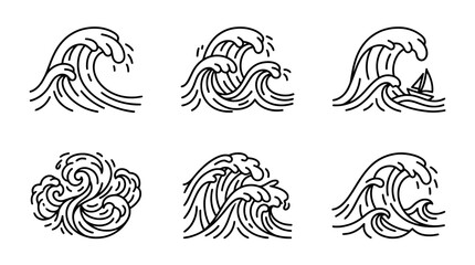 collection of overwhelmed waves, minimal thin icon vector set , white background , PNG and SVG isolate