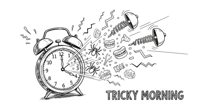 Tricky morning alarm clock exploding with chaotic symbols and objects around it