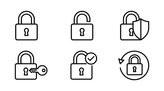 collection of padlock security, minimal thin icon vector set , white background , PNG and SVG isolate
