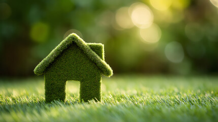 A small green house made of grass sits on a lush lawn in a natural setting