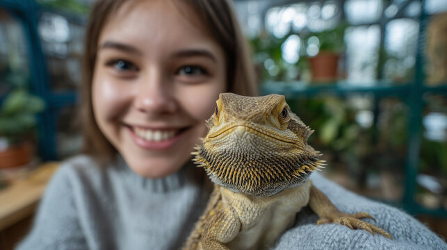 Low-angle close-up of bearded dragon perched on woman&acirc;s shoulder, smiling face of female owner visible, soft modern furniture and sunlight reflected in background, exotic pet and c