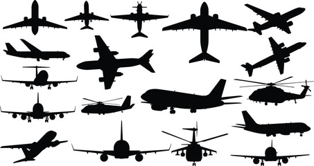    Aircraft silhouettes featuring airplanes, jets, helicopters and cargo planes in multiple views, aviation vector illustration for transport, military, travel, design © MdNur