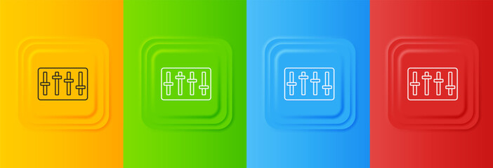 White Sound mixer controller icon isolated on colorful background. Dj equipment slider buttons. Mixing console. Set icons in square buttons. Vector