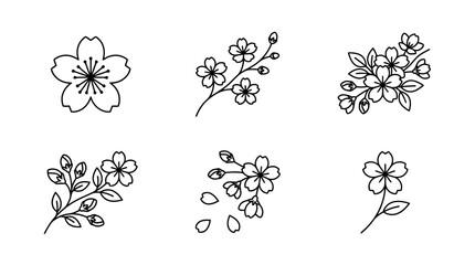 collection of sakura cherry blossom, minimal thin icon vector set , white background , PNG and SVG isolate