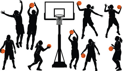 Basketball player silhouettes in dynamic action poses, dribbling, shooting, jumping, passing, hoop illustration, sports energy concept, orange ball detail © MdNur