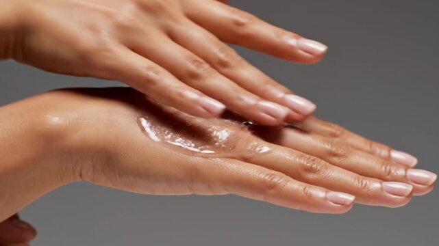 A close-up view captures hands as a clear, glistening gel or serum is carefully applied and gently massaged onto the skin, emphasizing hydration, nourishment, and diligent care. The smooth, healthy ap