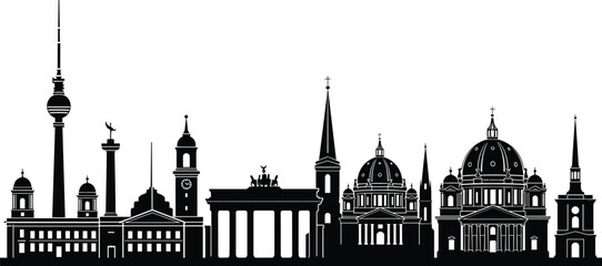 Berlin skyline silhouettes featuring iconic landmarks including Brandenburg Gate, TV Tower, Cathedral, vector illustration for culture, history, travel, education, and design themes © MdNur