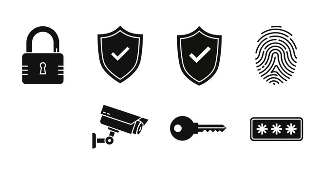 Security icons with padlock, shield with checkmark, fingerprint, surveillance camera, key, and password field