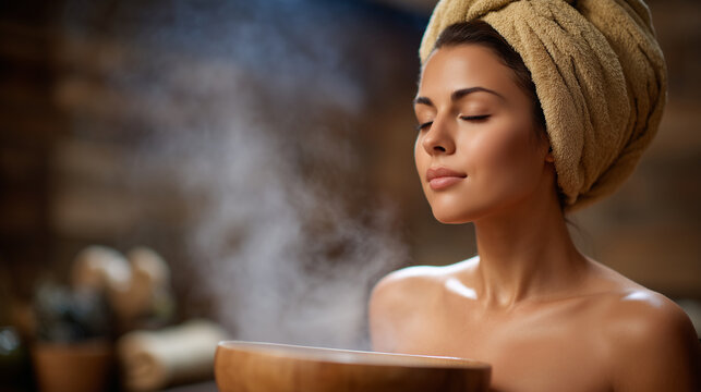 Side-profile close-up of woman inhaling steam from wooden bowl, towel covering hair, glowing skin illuminated by ambient light, spa accessories blurred behind, aromatherapy and fac