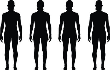 Black silhouettes of human figures standing upright in row, identical shapes, minimalist design, vector illustration, uniform concept, isolated white background © MdNur