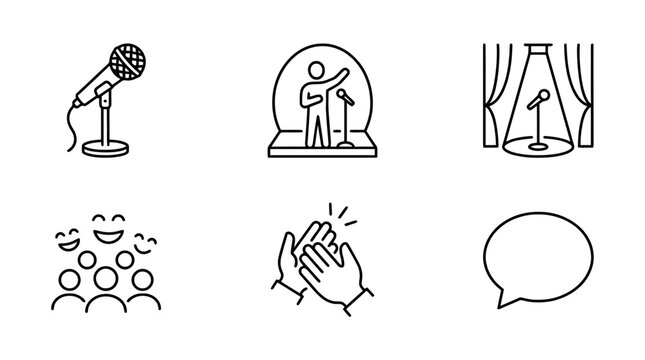 collection of standup comedy, minimal thin icon vector set , white background , PNG and SVG isolate