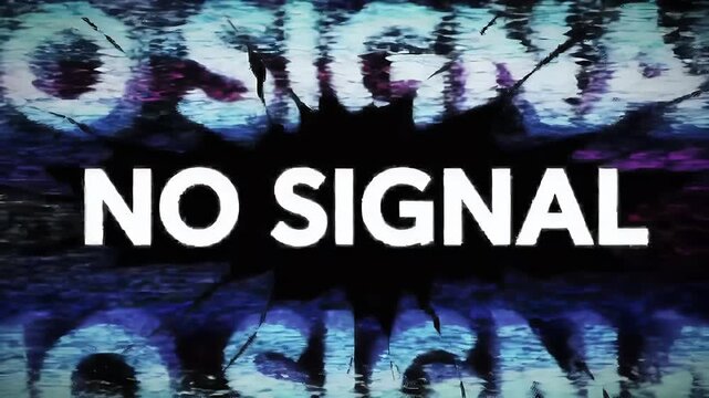 A close-up view of a damaged television screen displaying a 'NO SIGNAL' message with distorted text.