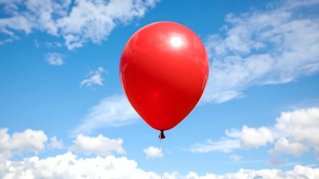 Single bright red balloon floating in a clear blue summer sky with white fluffy clouds on a sunny day