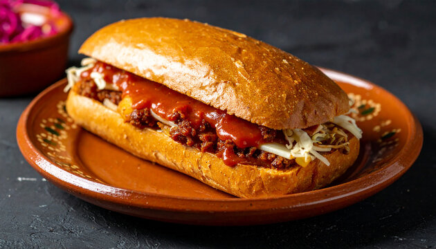 Pambazo, Mexican sandwich filled with potatoes and chorizo, dipped in rich red chili sauce, served on ceramic plate
